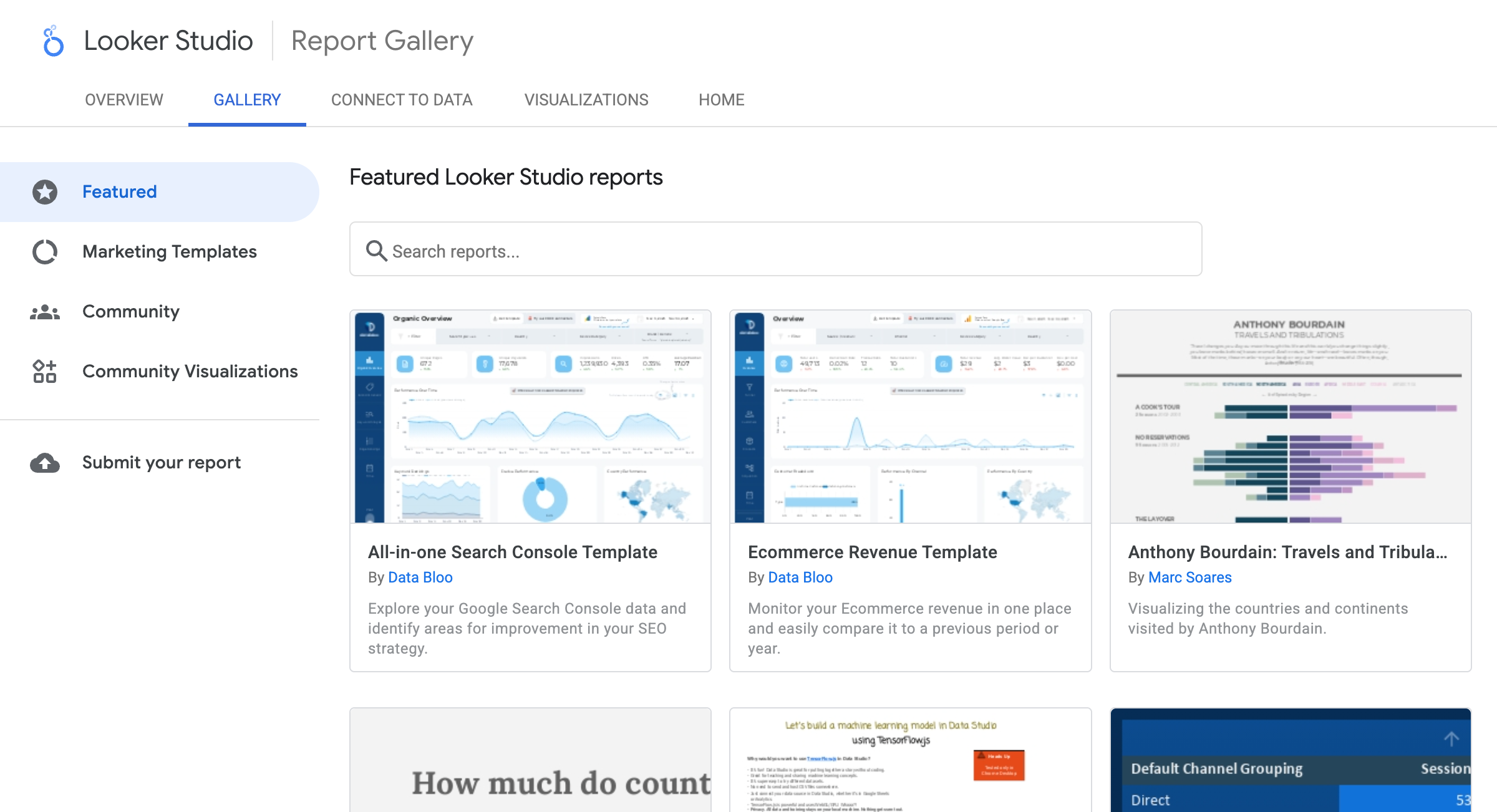 Looker Studio Gallery showing featured dashboard templates